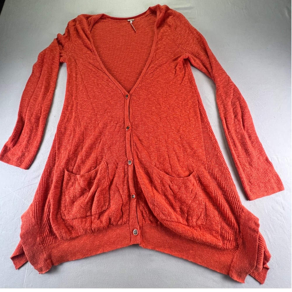 Free People Womens Orange Cotton Blend Button Front Smarty Knit